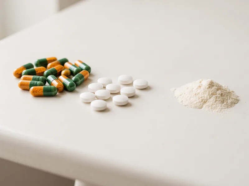 Capsules, tablets and a small mound of powder on a light surface